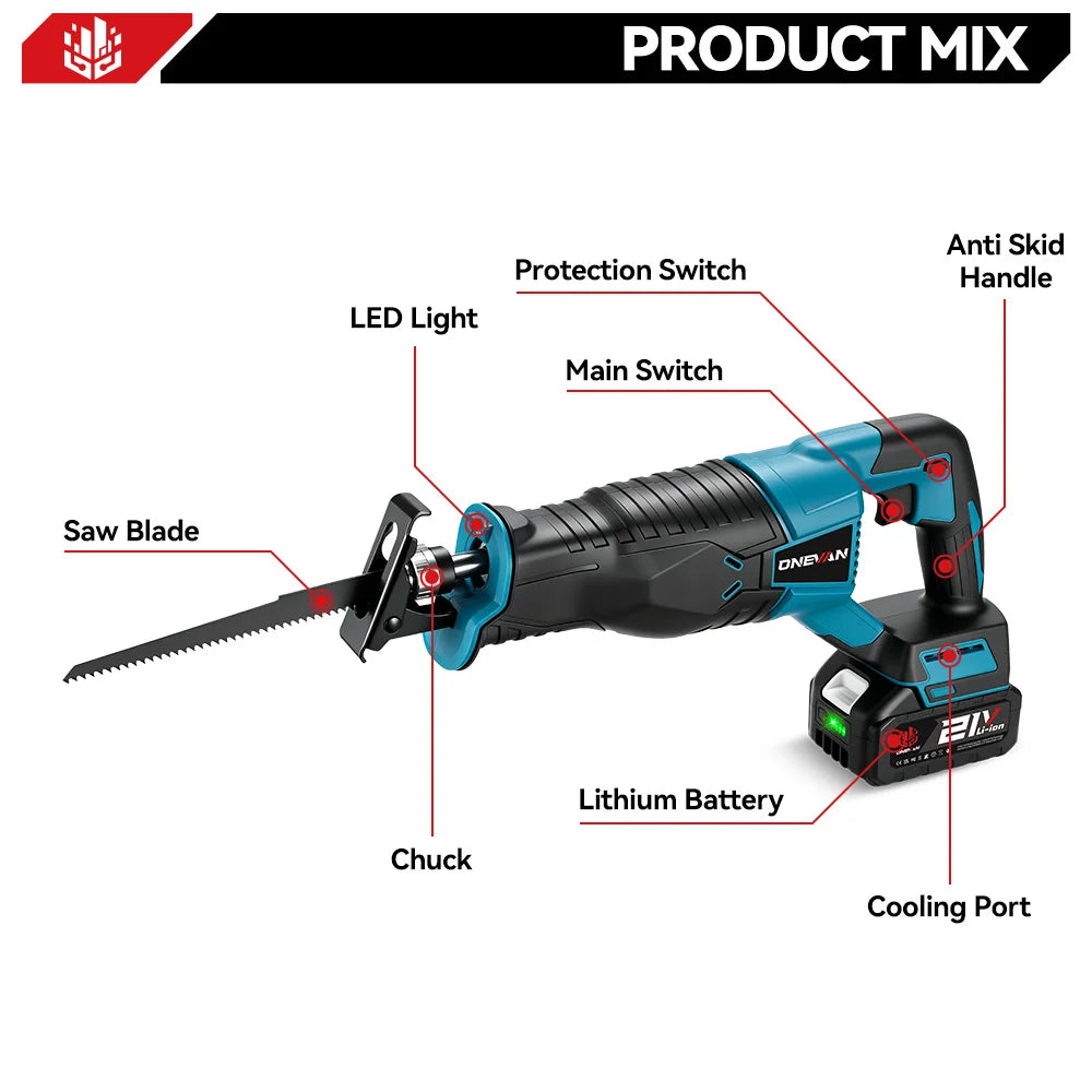 ONEVAN 3000W 10000SPM Electric Reciprocating Saw Electric Chainsaw Saber Saw Cordless Cutter Tool For Makita 18V Battery Pin