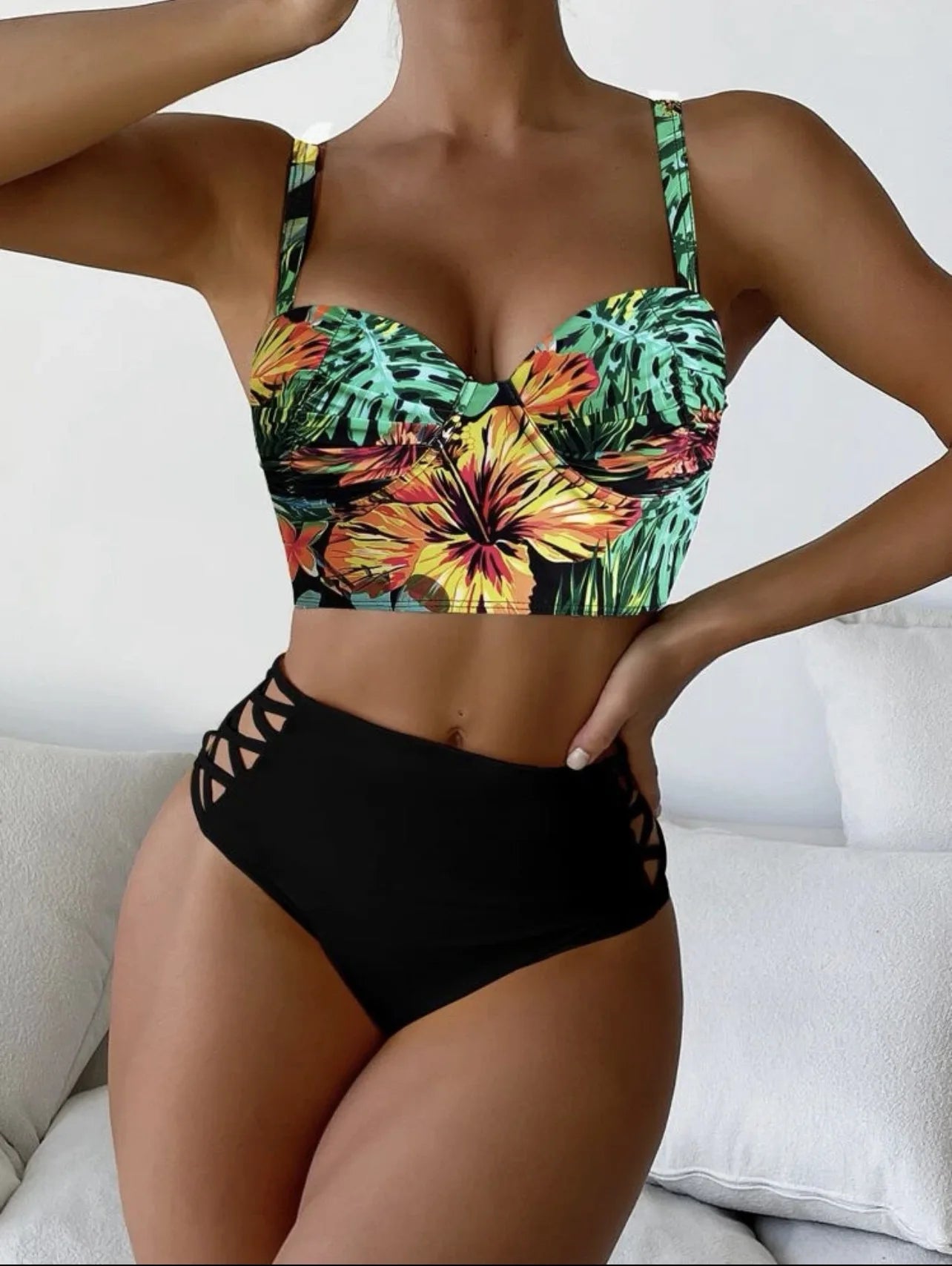 Ensemble de bikinis pigeonnants croisés imprimé tropical Cikini, maillot de bain taille haute fendu, maillot de bain d'été, maillot de bain pour femme, 2 pièces