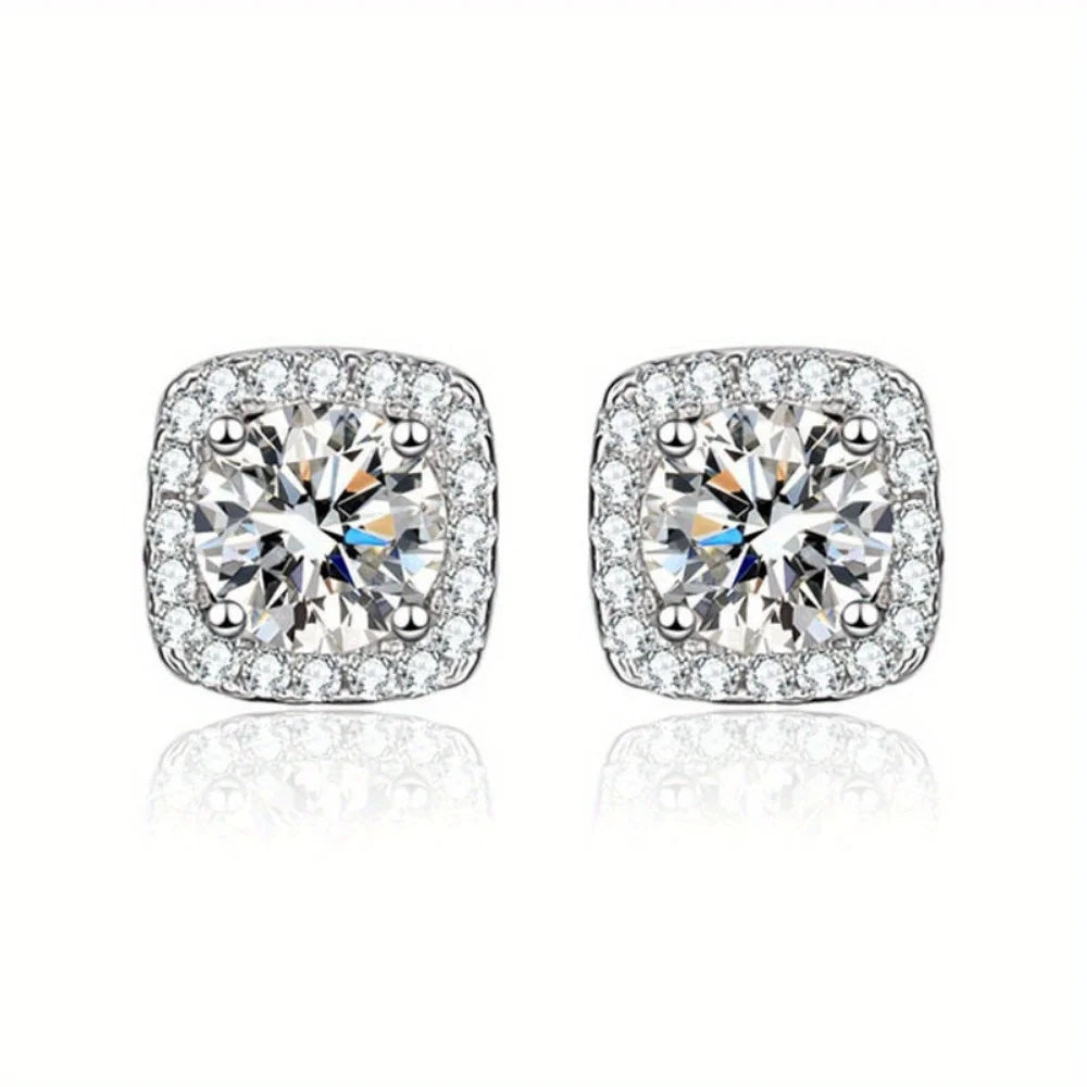 1 Pair Silvery Cubic Zirconia Stud Earrings Round Square Diamonique Stud Earrings Set for Women Men