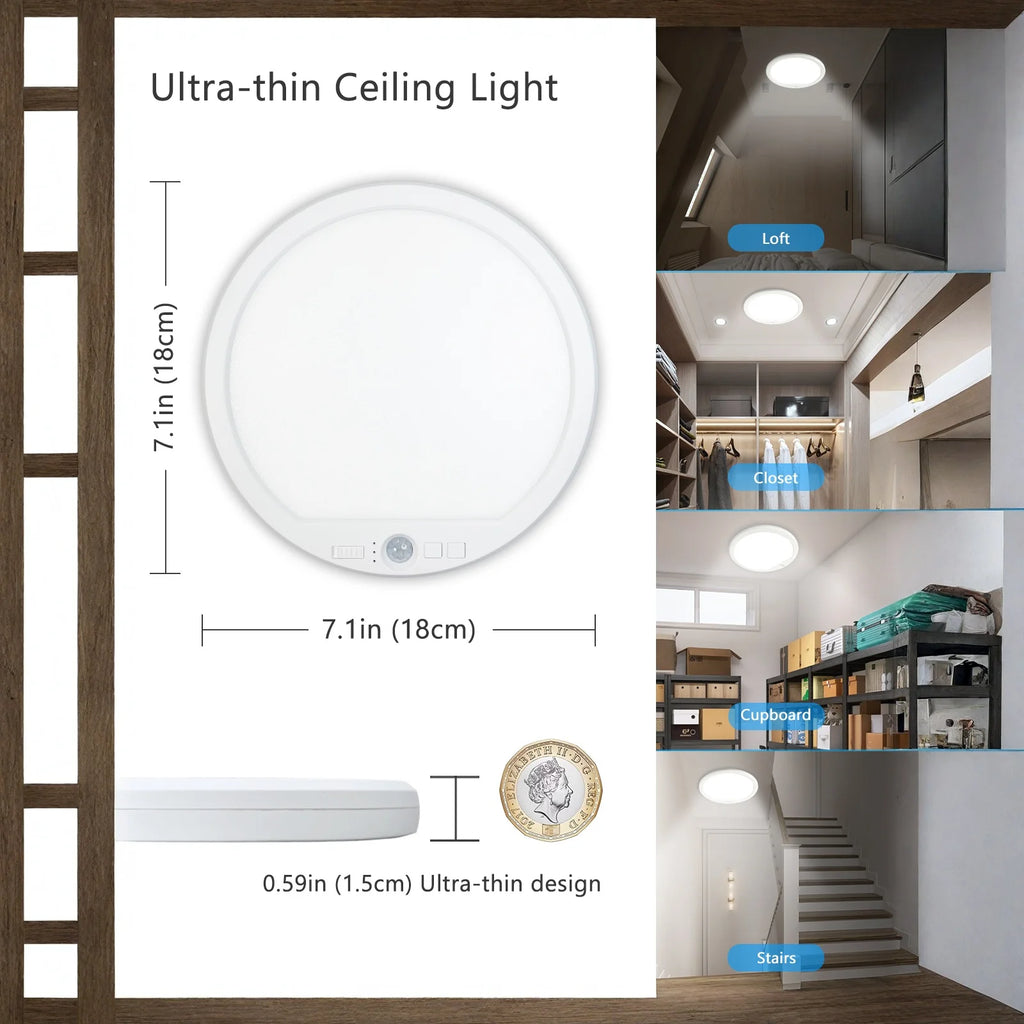 Ceiling Light USB Rechargeable 3Colors Dimmable Remote Control Wireless LED Flush Mount Ultrathin Motion Sensor Ceiling Lamp