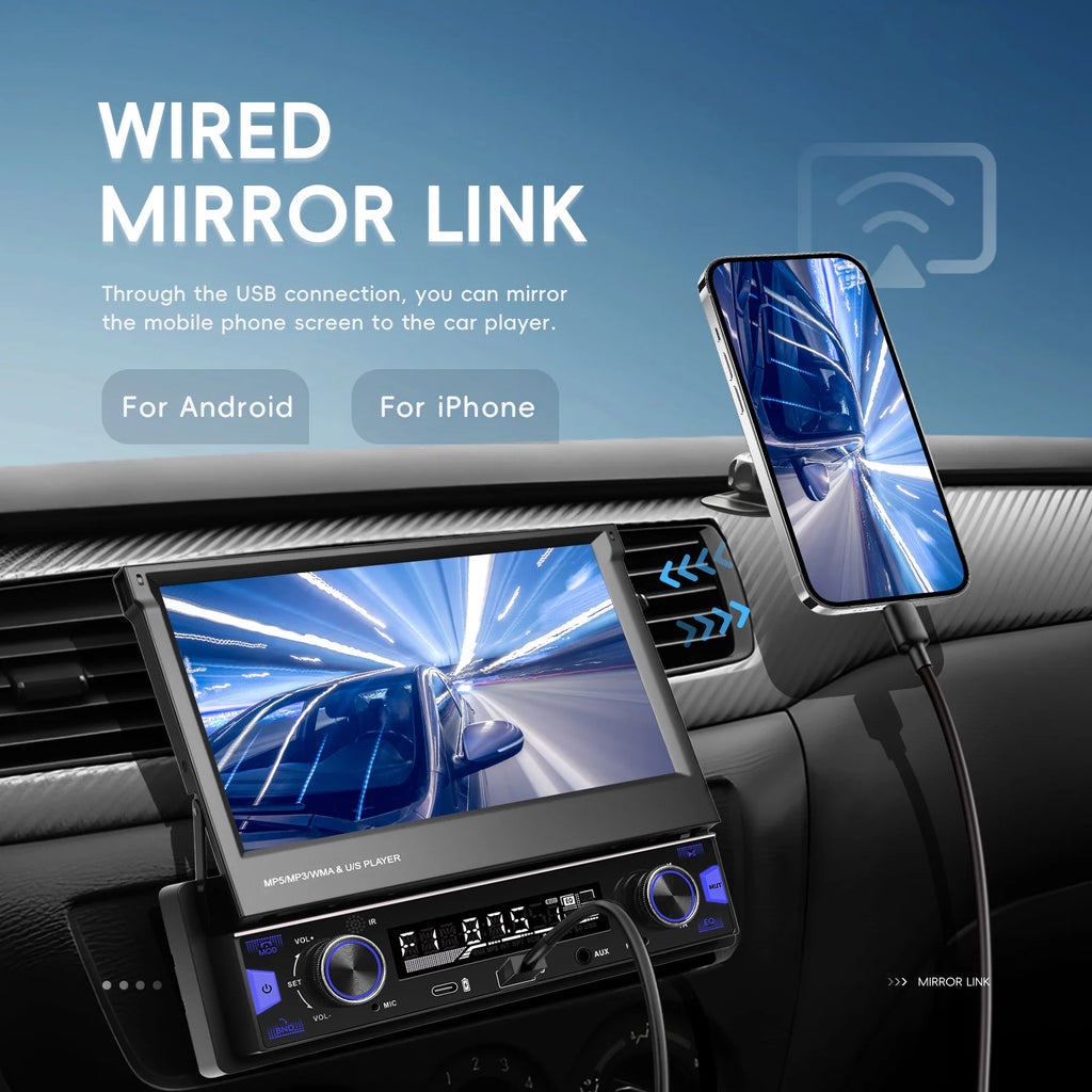 Podofo 7'' 1Din Retractable Screen EQ Sound FM/AM/RDS Multimedia Player Carplay Android Auto Bluetooth Type-C USB SWC Car Audio