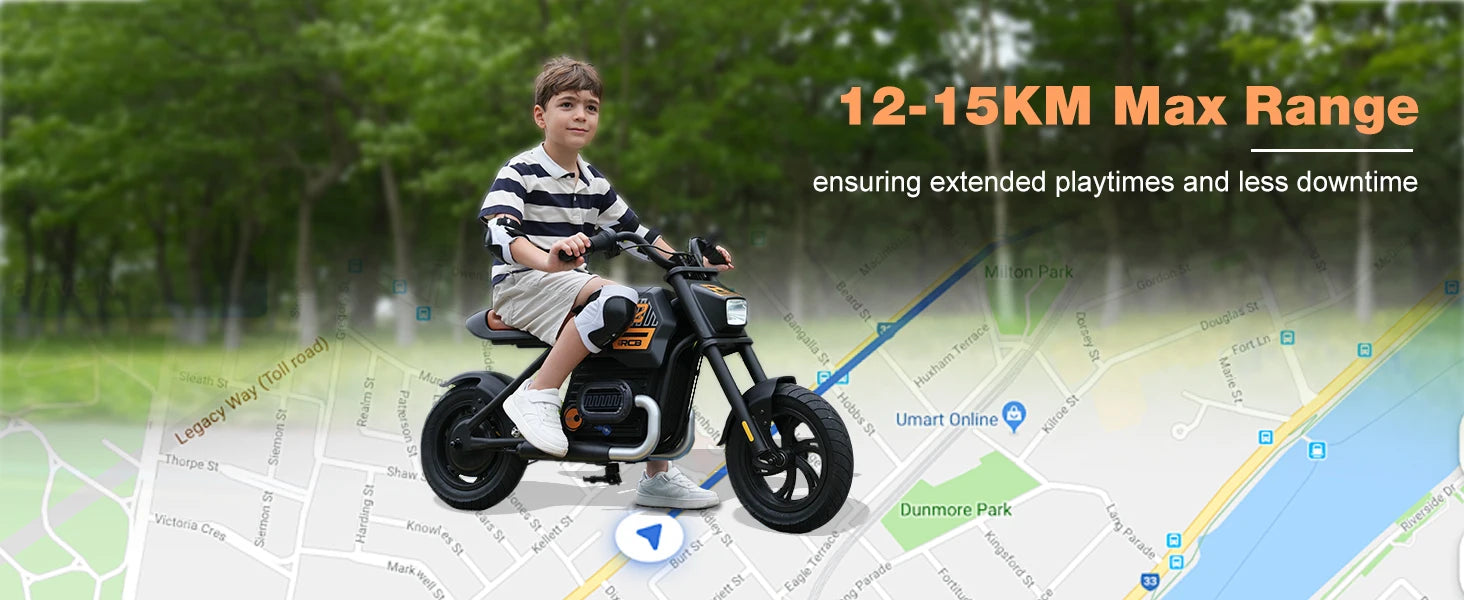 RCB R9 Motorbike electric kids motor, motor W IP54, 24V 5.2Ah, 12-15km, 3-speed, 12-inch tyre, Bluetooth music, as early as 4 years