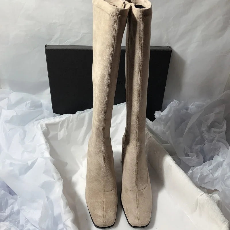 Square Toe Sexy High Heel Knee-high Boots2026 Autumn Luxury Brand Women's Warm Suede High Boots Walking Dress Slim Women's Boots