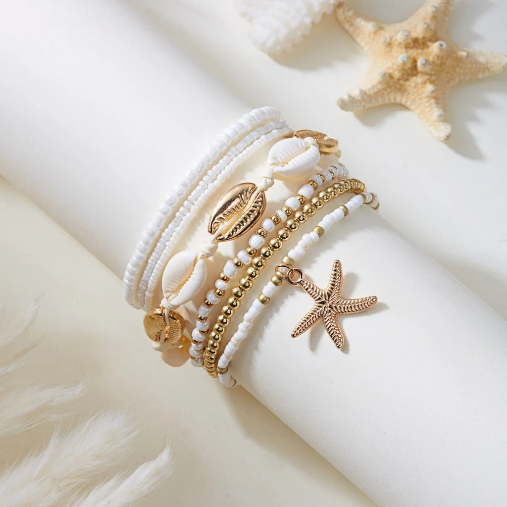 Metal Starfish Pendant Anklets Set For Women Men Trendy Sea Star Multilayer Rice Beaded Foot Chain Summer Beach Vacation Jewelry