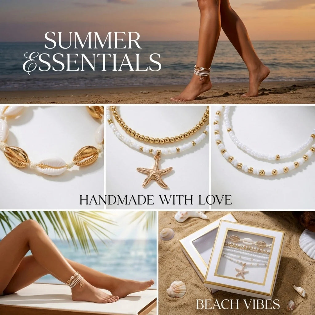 Metal Starfish Pendant Anklets Set For Women Men Trendy Sea Star Multilayer Rice Beaded Foot Chain Summer Beach Vacation Jewelry