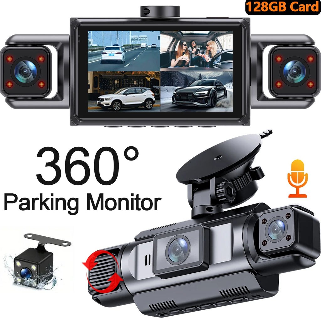 Caméra de tableau de bord DVR de voiture 4 canaux 360° WIFI avant intérieure rotative avec caméra de recul et moniteur de stationnement 24h