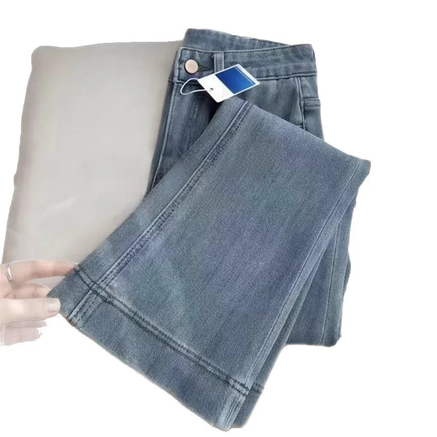 Jeans taille haute amincissants à jambe large pour femmes, pantalon en jean fin d'été, petite taille, coupe droite, micro-évasé, neuf points.