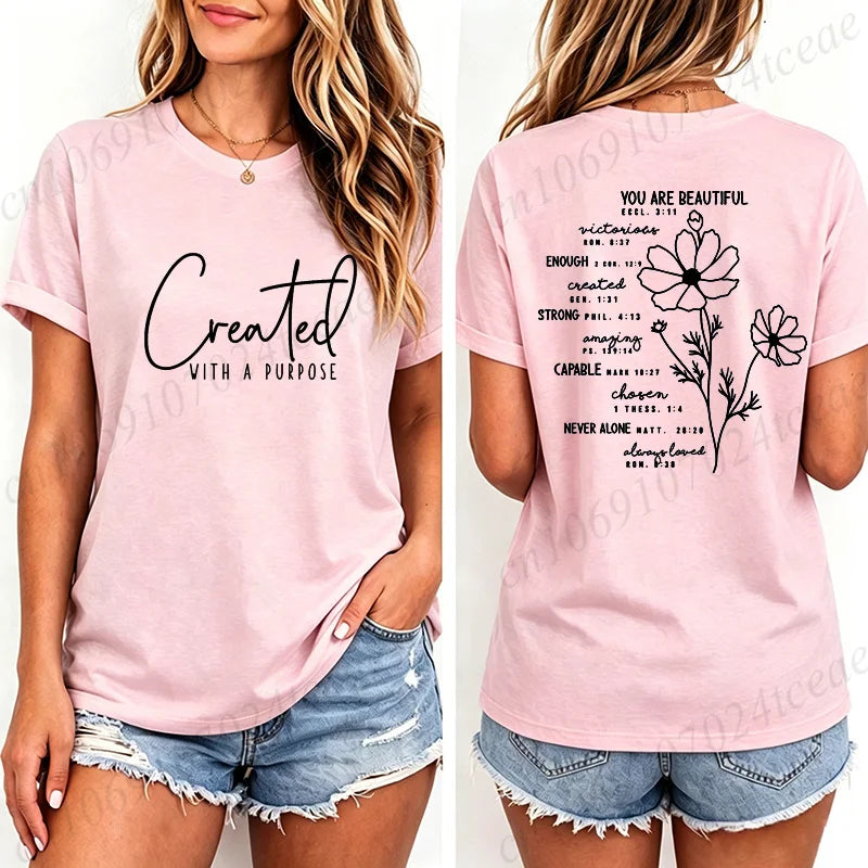 Fashion Women T Shirts Created with A Purpose Print Short Sleeve T-Shirt Faith Aesthetic Tee T-Shirts Inspirational Shirts Tops