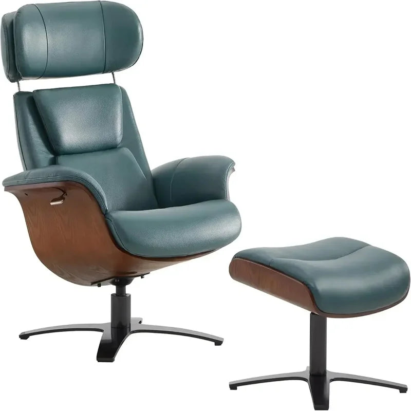 Leather Reclining Swivel Chair with Adjustable Headrest and Ottoman for Living Room, Saddle Color, Arm Rest, Cushion Included