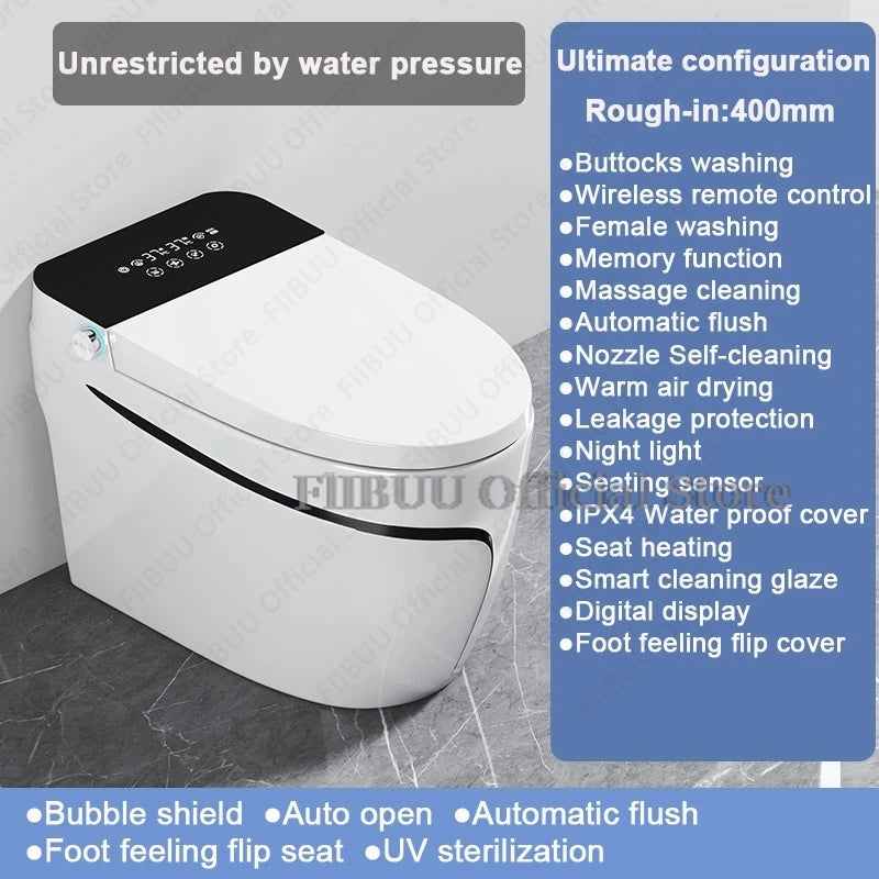 One Piece Elongated Smart Toilet Bidet Built-in Water Tank No Water Pressure Limit Display Screen AutoOpen AutoFlush Heated Seat