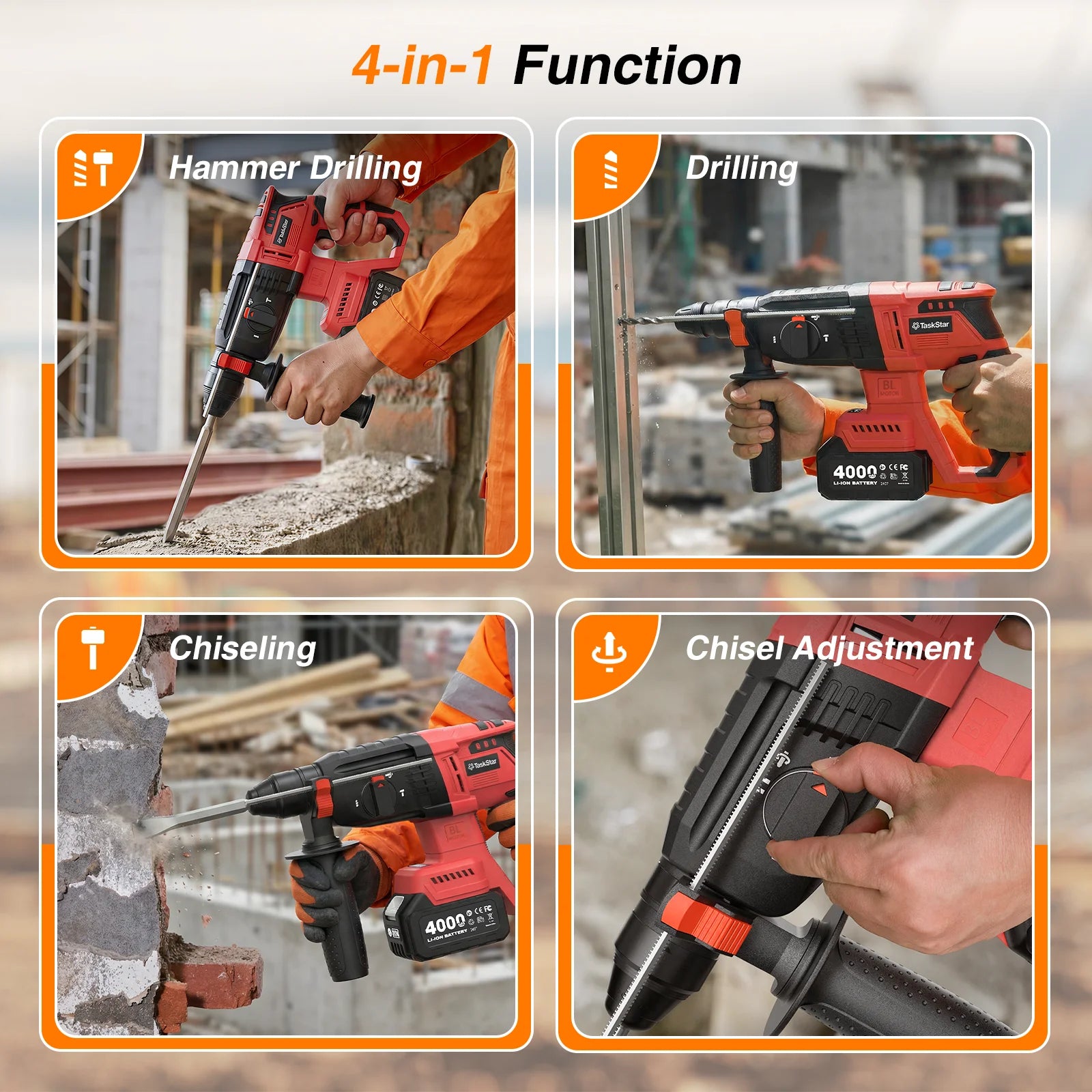 Taskstar 30mm Electric Hammer Drill Brushless Multifunctional Rotary Hammer Cordless Impact Drill For Makita 18V Battery Pins