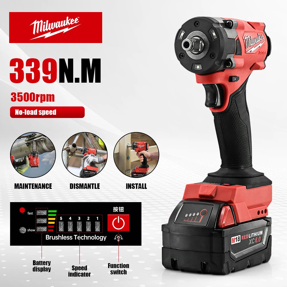 Milwaukee 400N Brushless Cordless 1/2 Electric Wrench Car Truck Repair Screwdriver Impact Drill Rechargable For 18V Battery Tool