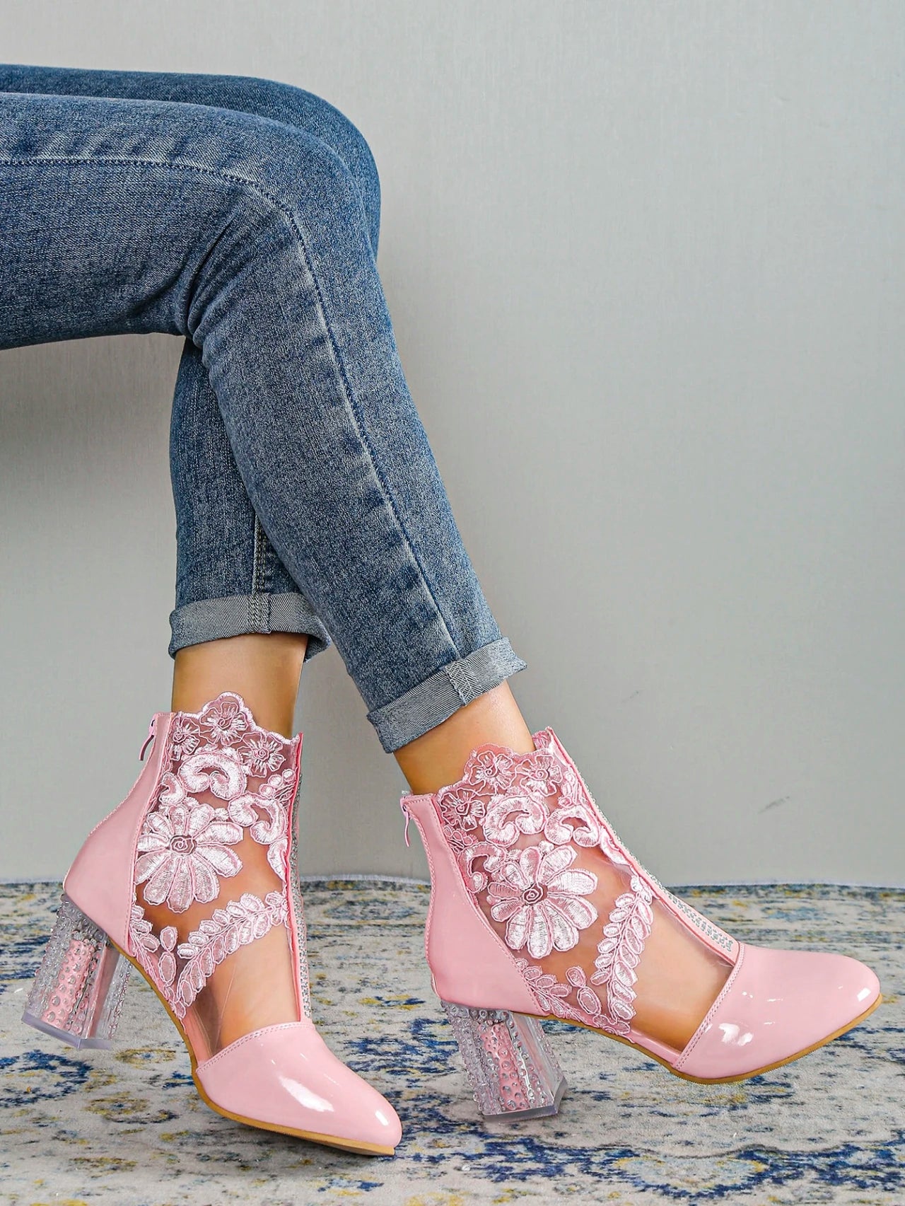 NEW Ethnic Style Women Retro Lace Embroider High Heels Ankle Boots Spring Autumn Round Toe Platform Cool Boot Thick Heeled Pumps