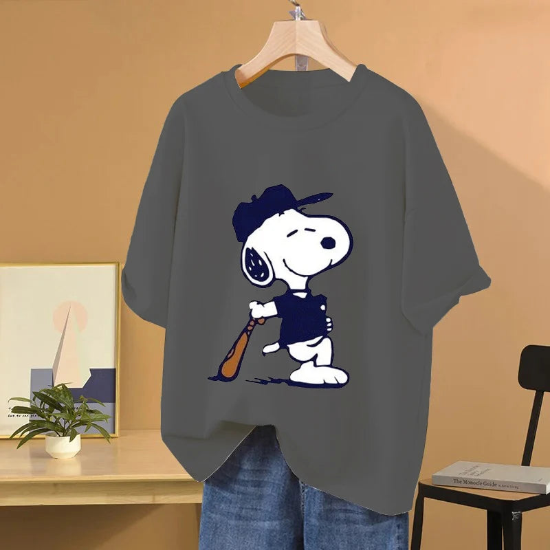Snoopy Baseball Cartoon Anime Women T-shirt Summer Short Sleeve 100% Cotton Men Tee Shirts Tops 2025 New Fashion Couple Clothes