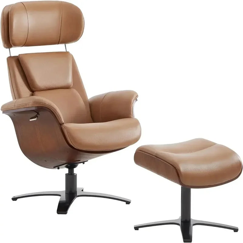 Leather Reclining Swivel Chair with Adjustable Headrest and Ottoman for Living Room, Saddle Color, Arm Rest, Cushion Included