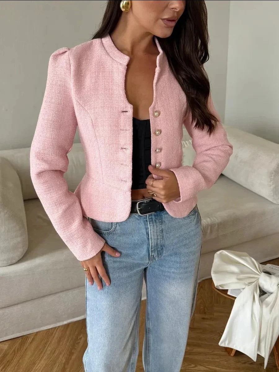2026 Autumn Women Tweed Jacket Elegant Stand Collar Pearl Button Short Coat Puff Sleeve French Style Outerwear