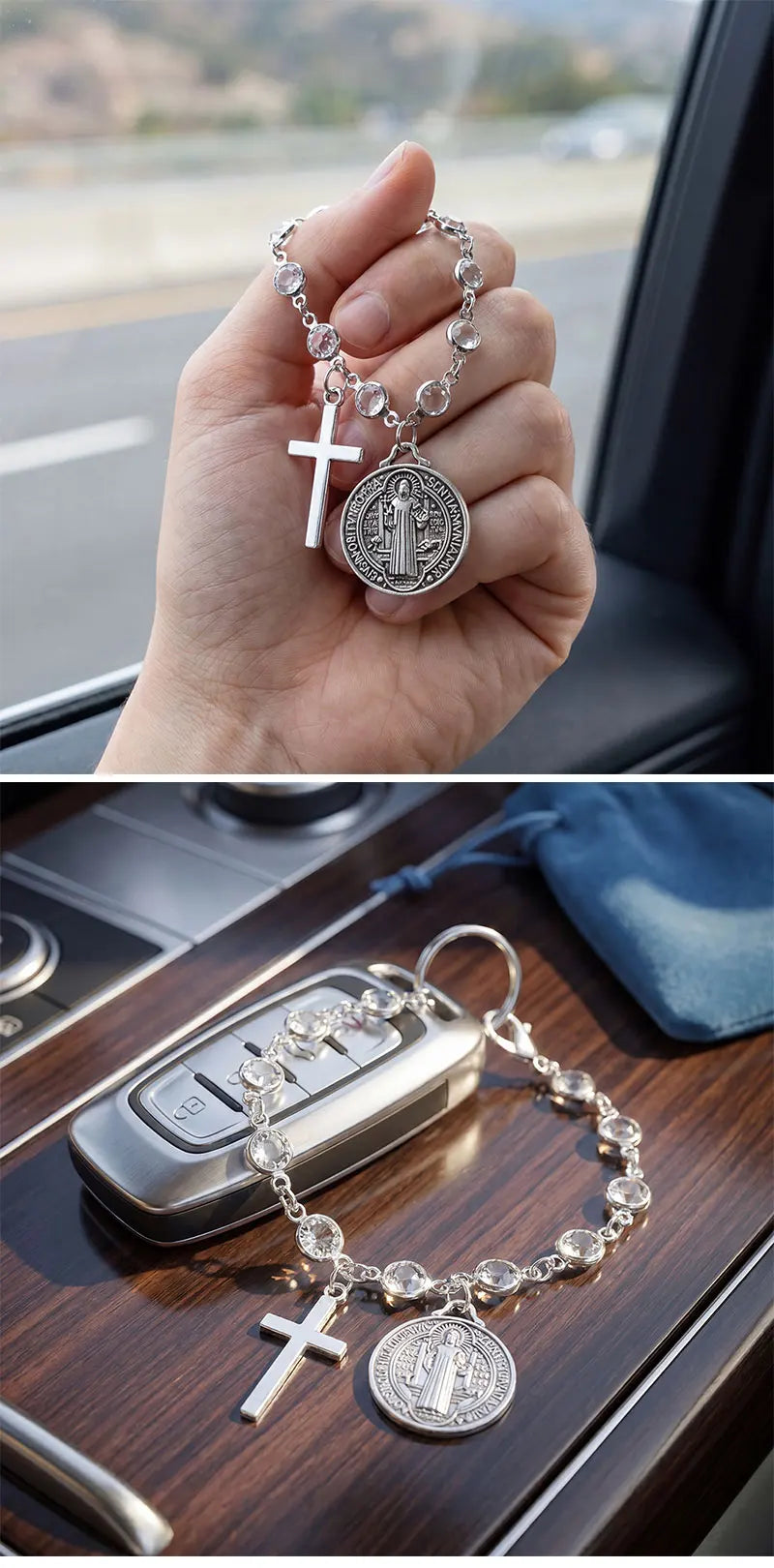 Catholic Protection Rosary Car Accessory St. Benedict Medal & Cross Pendant For Auto Interior Decor Religious Protection Pendant