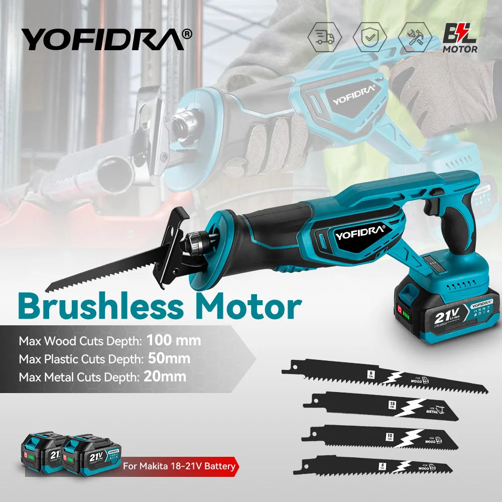 Yofidra Brushless Reciprocating Saw Handsaw Multifunction Electric Saw for Metal Wood Pipe Cutting For Makita 18-21V Battery Pin