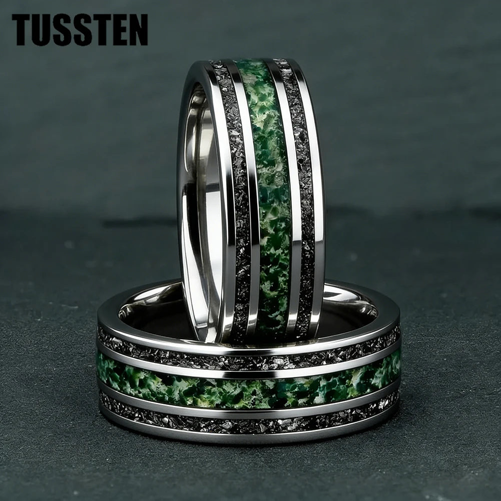 TUSSTEN 8MM Men's and Women's Wedding Tungsten Ring Inlaid Moss Agate And Meteorolite Inlay Comfortable Fit