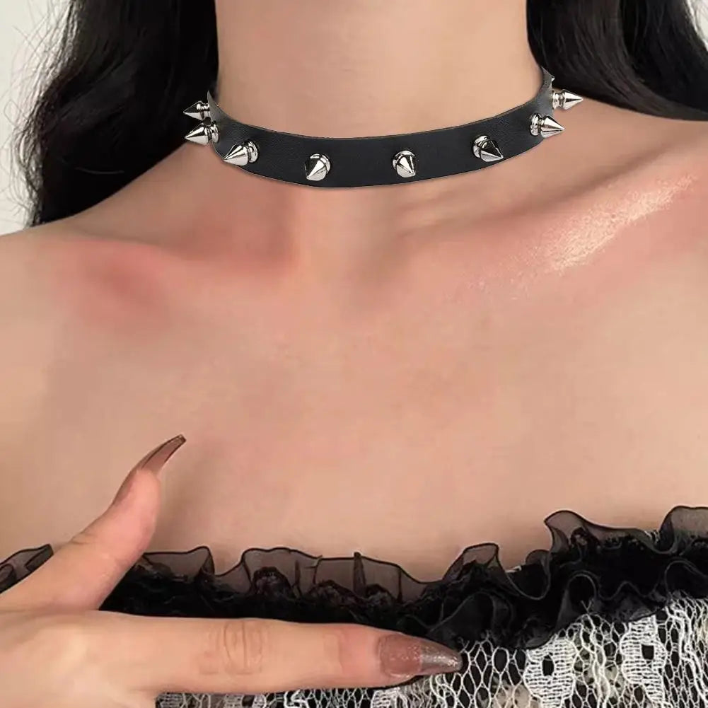 Black PU Leather Choker Necklace For Women Men Cool Punk Gothic Spike Biker Choker PU Leather Collar Studded Rock Necklace
