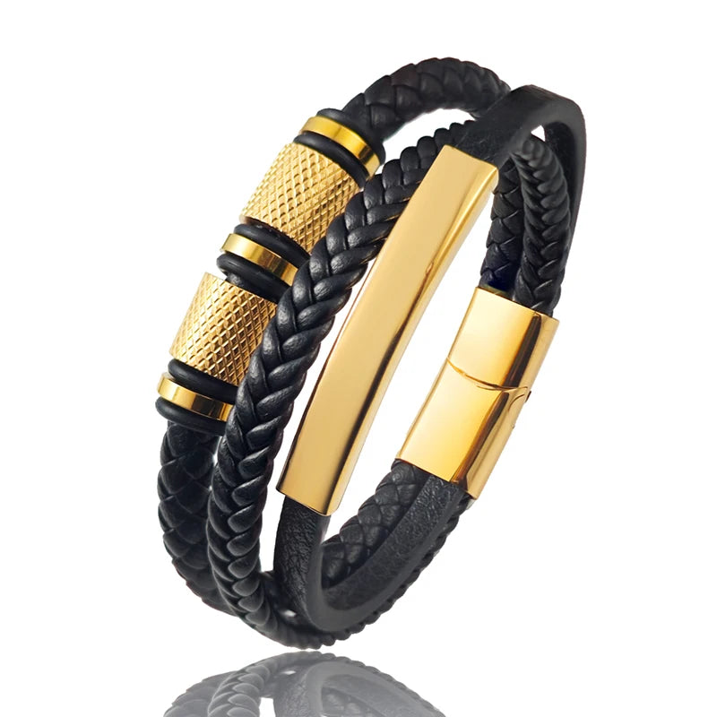 New Gold Beads Charm Men Bracelet Stainless Steel Magnetic Buckle Braided Mutilayer Leather Wrapped Bangles Women Jewelry Gift
