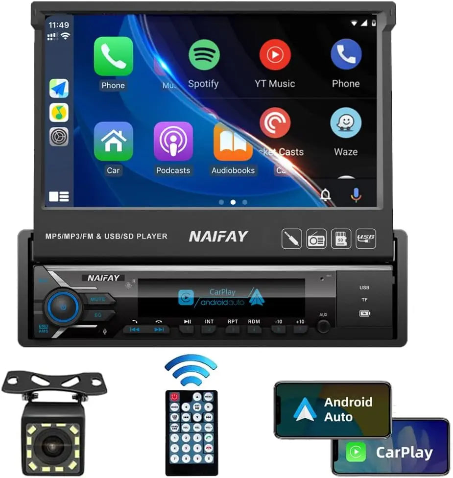 7" Flip Out Car Stereo with Carplay & Android Auto, Bluetooth, Backup Camera, FM Radio