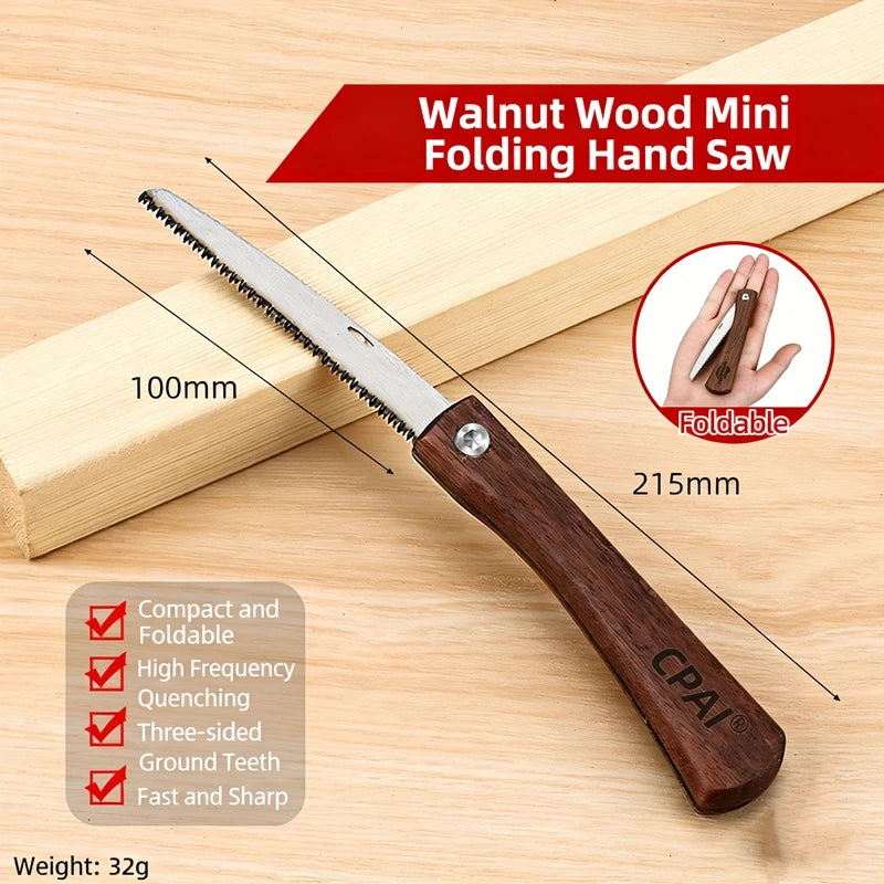 Compact Folding Wood Saw, Premium Steel Blade with Walnut Grip for Bushcraft, Pruning & Model Making