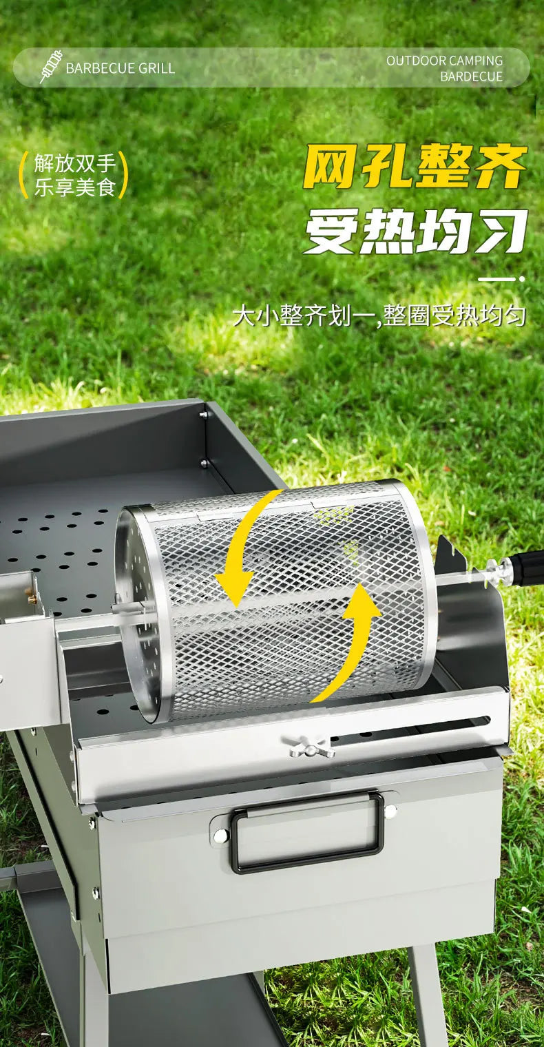 360° Automatically Rotate BBQ Rolling Barbecue Cage Stainless Steel Smoked Round Grill Basket for Grilled Chicken Rotisserie