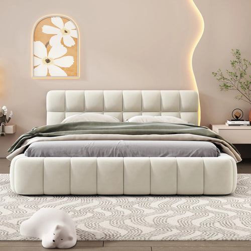 Cadre de lit en lin 140x200cm/160x200cm, Cadre de lit double avec dossier souple, Meuble de chambre à coucher, Cadre de lit Queen, Beige