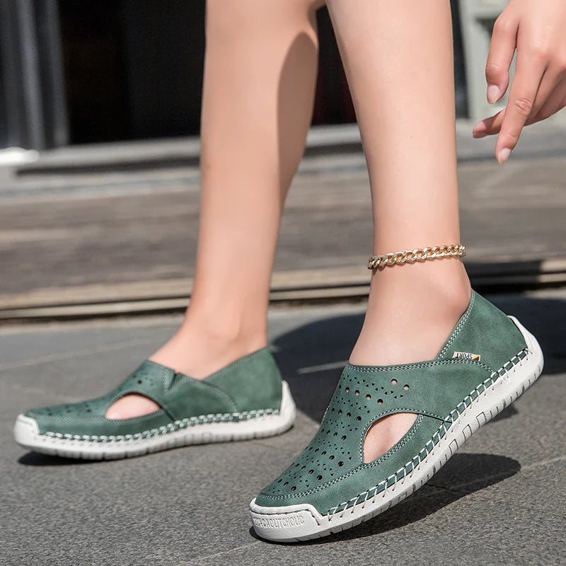 Unisex Sandals Hand Sewn Leather Hollow Out Outdoor Casual Shoes Comfortable Soft Summer Fashion Street Walking Shoes Women