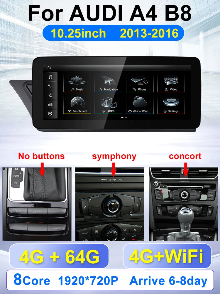 For Audi AUDI A4 B8 2009 20110 2011-2016 10.25-inch car radio multimedia player Android 15 Wireless Carplay stereo DSP 4G WiFi
