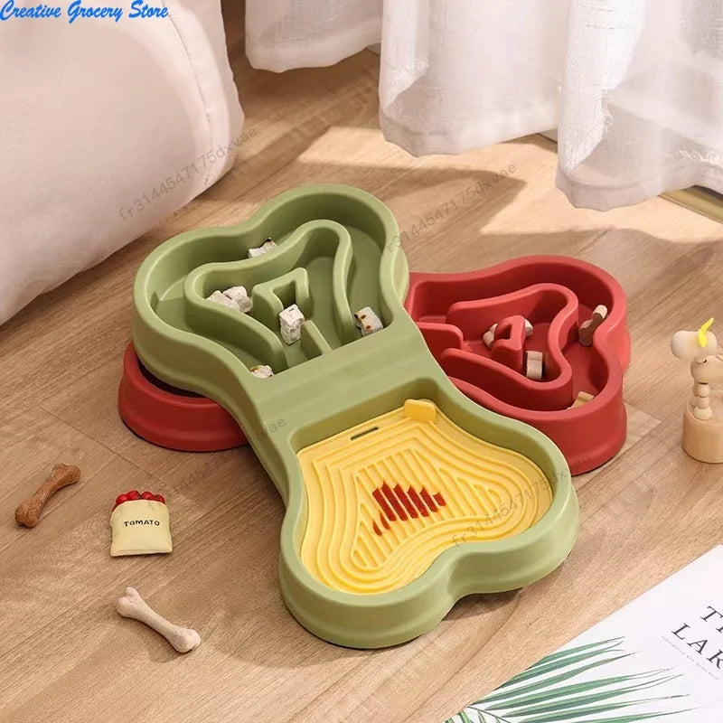 Non Slip Bone Shaped Dog Slow Feeder Bowl Double Compartment Interactive Maze Pet Food Dish for Fast Eaters Anti Choking Dry Wet