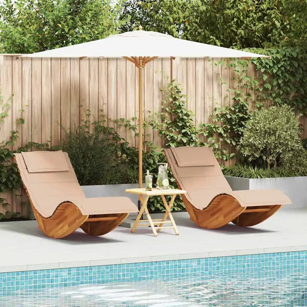 Rocking Loungers with Cushions Set of 2 Solid Acacia Wood Outdoor Chaise Lounge Chairs Patio Garden
