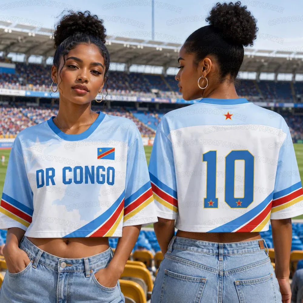Été 2026 Nouveau Maillot de Football à Imprimé République Démocratique du Congo pour Femmes Col Rond Manches Courtes Maillot Court de Cheerleaders Crop Top T-shirt