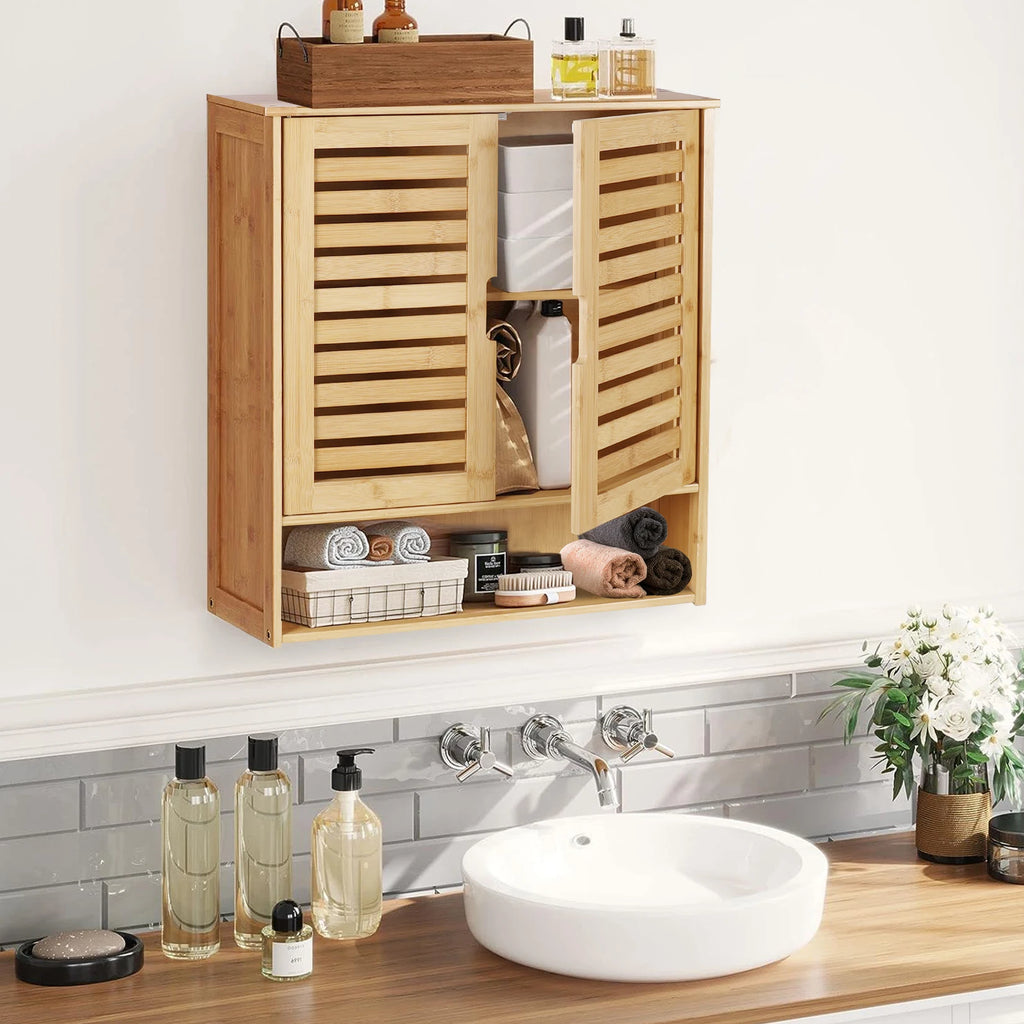 Meuble de Rangement Mural pour Salle de Bain Étagère de Rangement en Bambou Armoire à Pharmacie