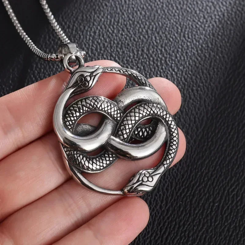 Vintage Gothic Snake Coiled Demon Skull Pendant Necklace for Men Boys Rock Party Halloween Jewelry Gift