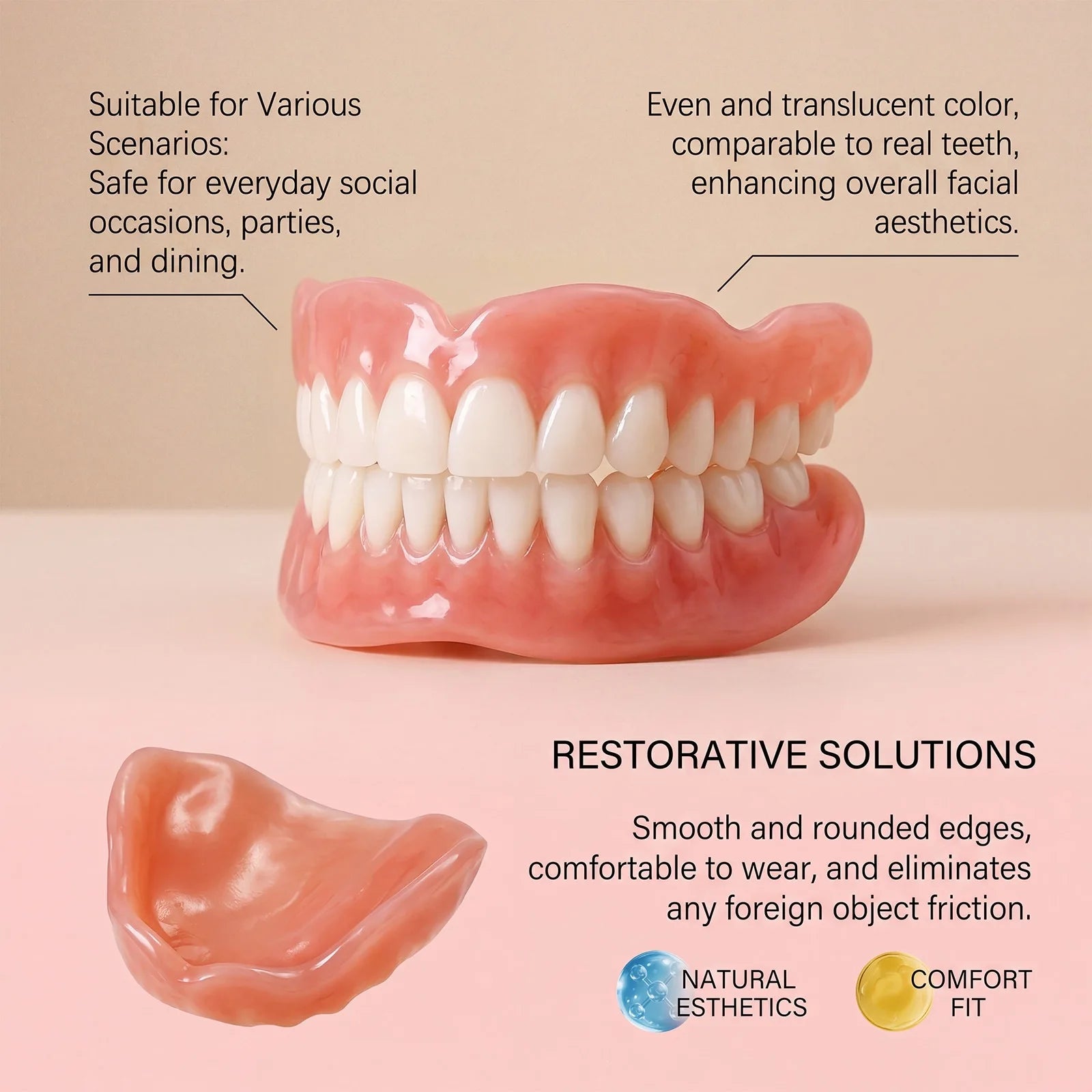 Premium Custom Upper & Lower Full Mouth Silicone Dentures, Lifelike Natural Teeth All-Day Comfort Boost Confidence & Oral Care