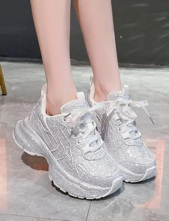 Luxury Women Bling Running Shoes Chunky Sneakers Fashion Casual Genuine Leather Breathable Height Increased Flat Platform Shoe