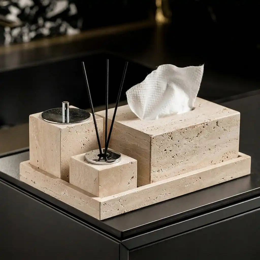 4Pcs Natural Travertine Bathroom Set Wabi Sabi Minimalist Soap Dispenser Tissue Box Luxury Hotel Show House Organizer Decor