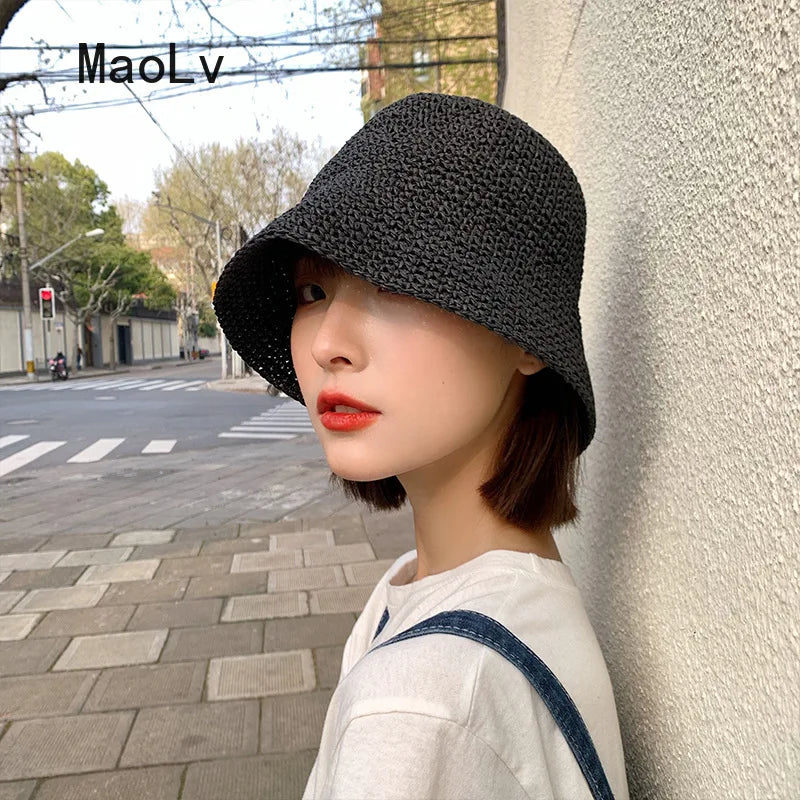 Beach Korean Straw Hat Summer Women Visor Bucket Hat Fisherman Hat Hand weaving Panama Girl Fishing Chapeau Sun Hats tool