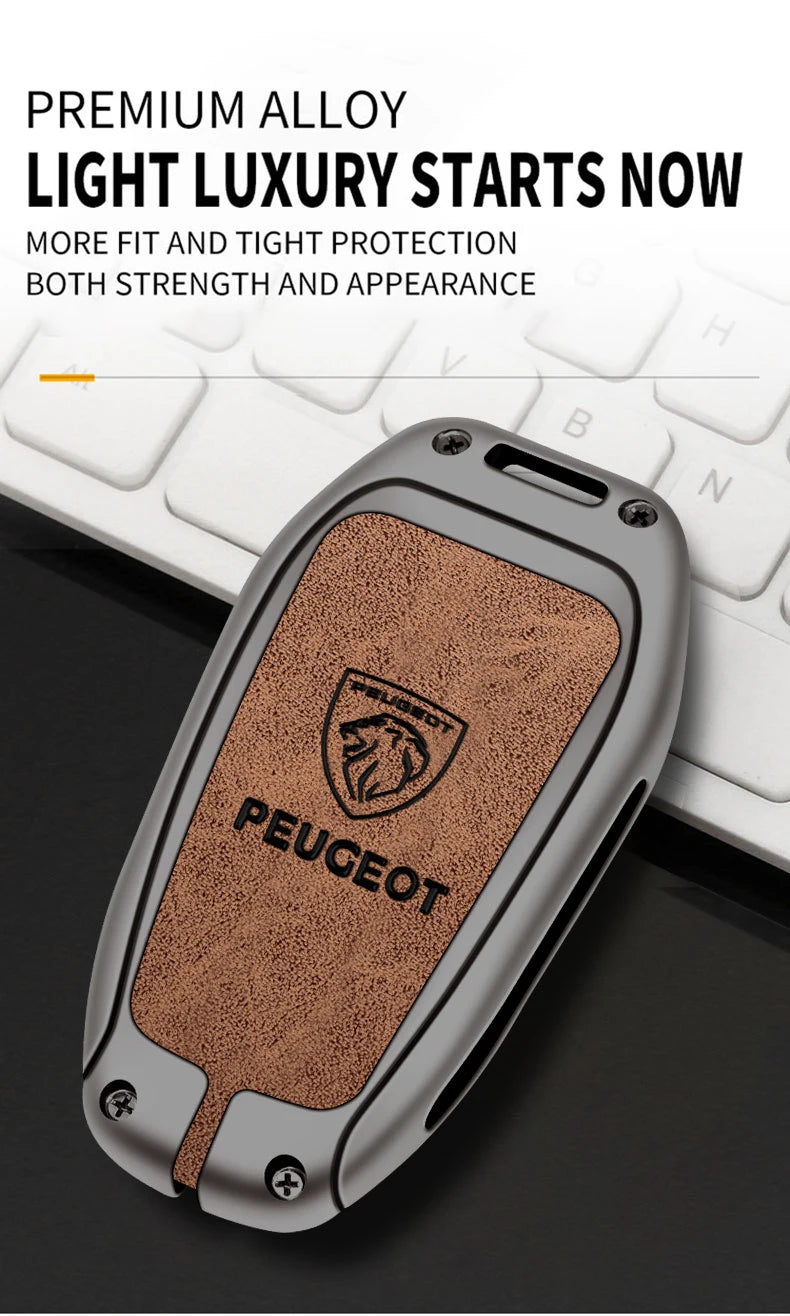 Leather Zine Alloy Car Smart Key Case Shell Cover Protector Fob For Peugeot 308 408 508 2008 3008 4008 5008 Keychain Accessories