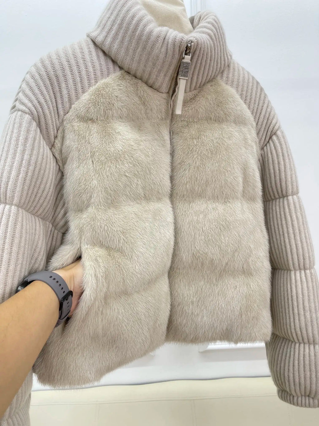 Retro high neck cashmere wool knitted splicing women's goose down down jacket classic casual commuting short jacket