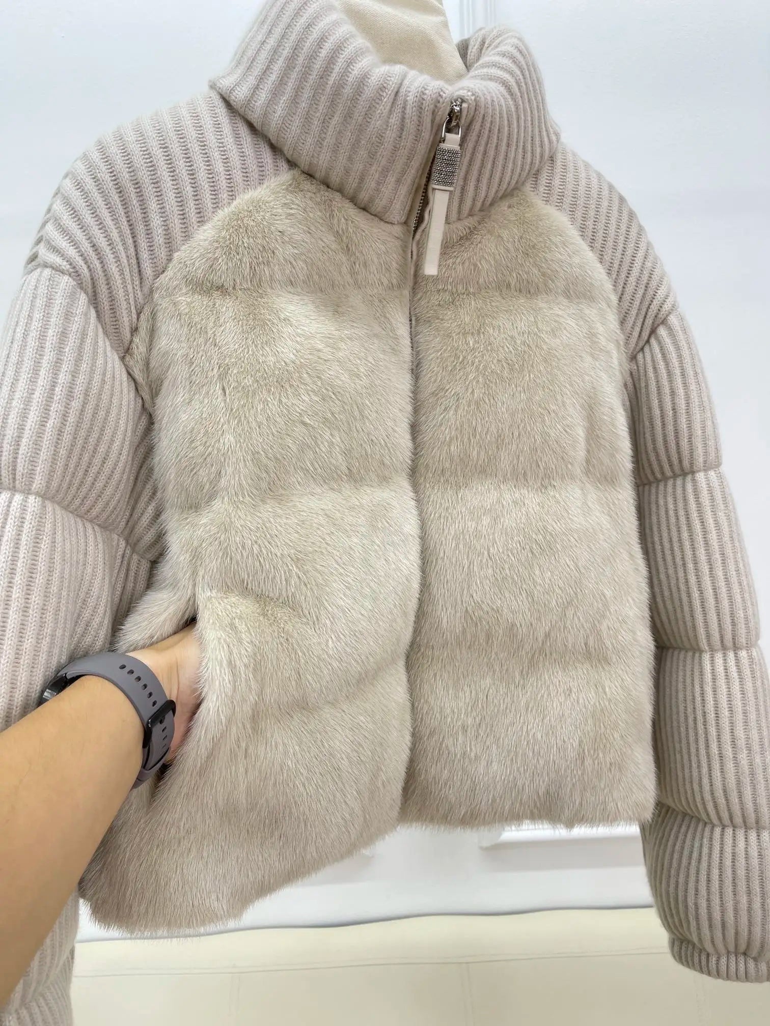 Retro high neck cashmere wool knitted splicing women's goose down down jacket classic casual commuting short jacket
