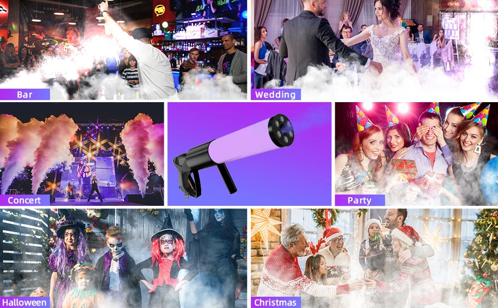 U'King LED Six Lights Carbon Dioxide Column Gun RGB Atmosphere Props Smoke Gun Dry Ice Gun For Bar Wedding Business Show Party