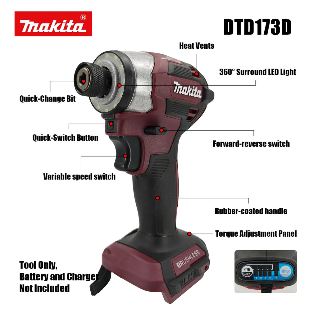 Makita 18V DTD173 Brushless Drill Power Tool Multicolor Home Improvement DIY 180Nm Electric Wood Bolt T-Mode