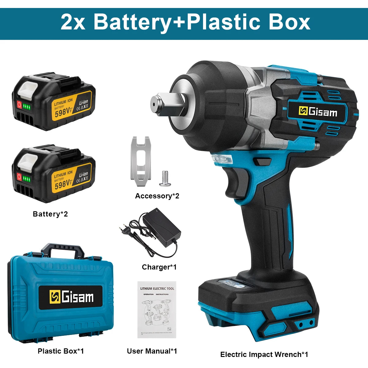 Clé à chocs électrique sans balais Gisam 2800 N.M 1/2 pouce, tournevis électrique, perceuse compatible avec la batterie Makita 18V Pin
