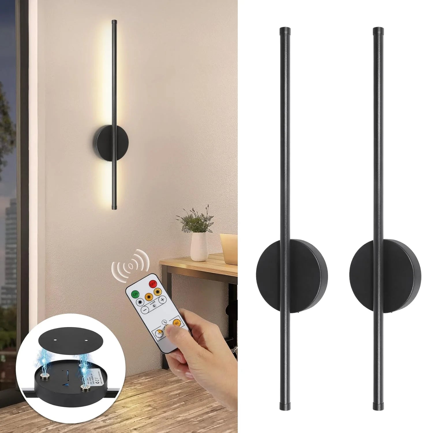 2PCS Battery Operated Wall Sconces Wireless Rechargeable Lamp Black with Remote Control Dimmable Cordless Wall Light Decor Room