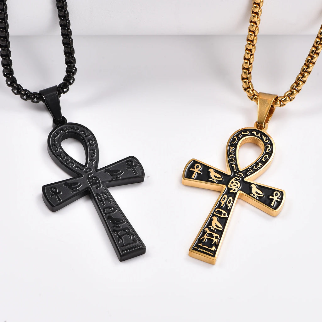 Stainless Steel Ancient Egyptian Ankh Cross Pendant Necklace Silver/Gold Color Painted Bird Animal Totem Jewelry Gift
