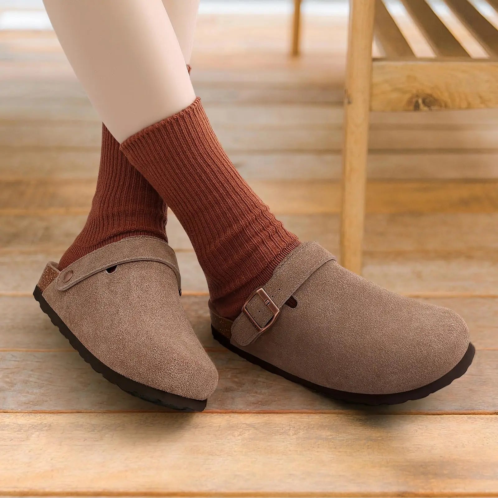 Asgard Women's Genuine Leather Clogs Soft Cork Footbed Cow Suede Mules With Adjustable Strap Fashion Comfort Slip on Slippers