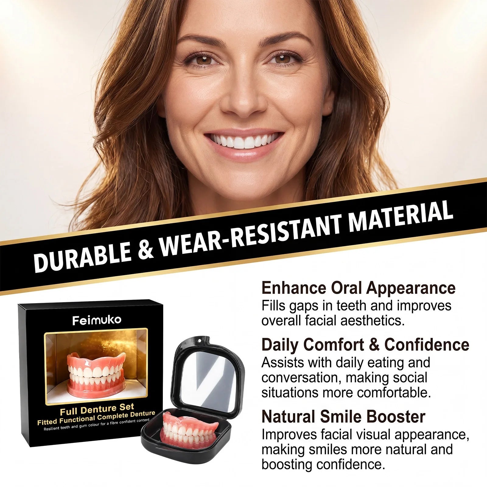 Premium Custom Upper & Lower Full Mouth Silicone Dentures, Lifelike Natural Teeth All-Day Comfort Boost Confidence & Oral Care